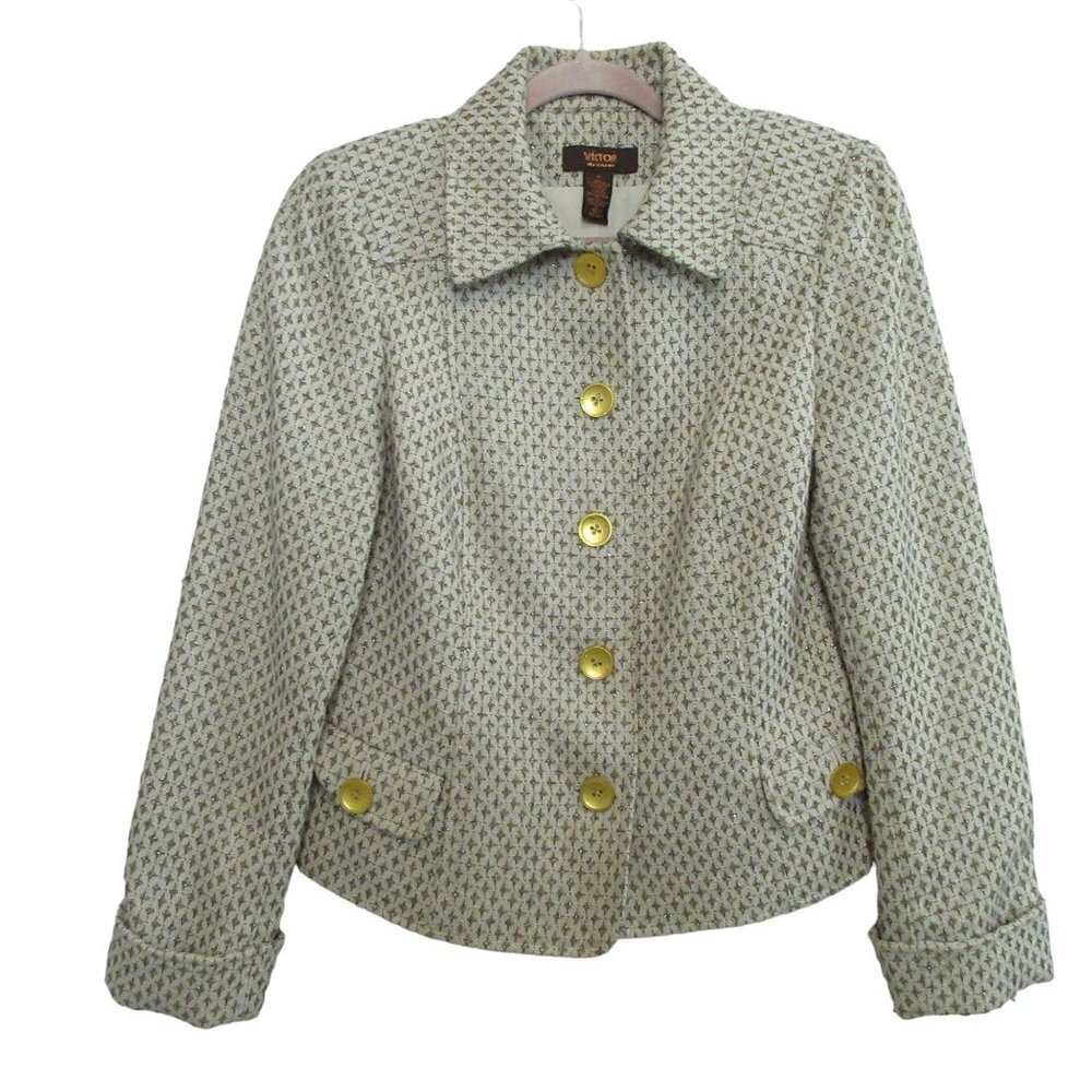 Victor Alfaro Womens White Sparkly Wool Blend Suit Jacket Blazer Size 8